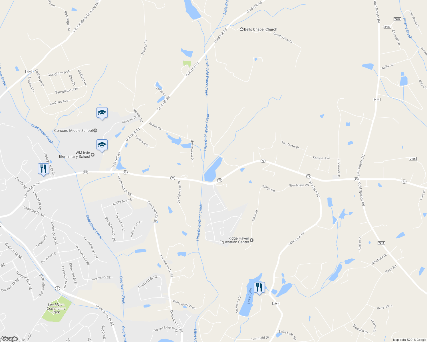 map of restaurants, bars, coffee shops, grocery stores, and more near 2539 North Carolina 73 in Concord