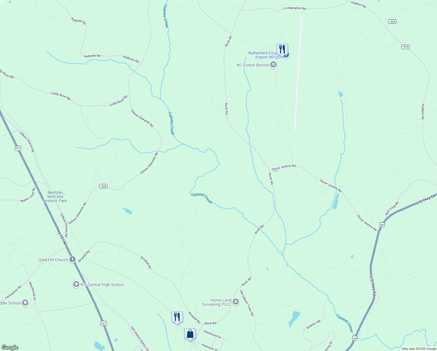map of restaurants, bars, coffee shops, grocery stores, and more near 322 Balmy Lane in Rutherfordton