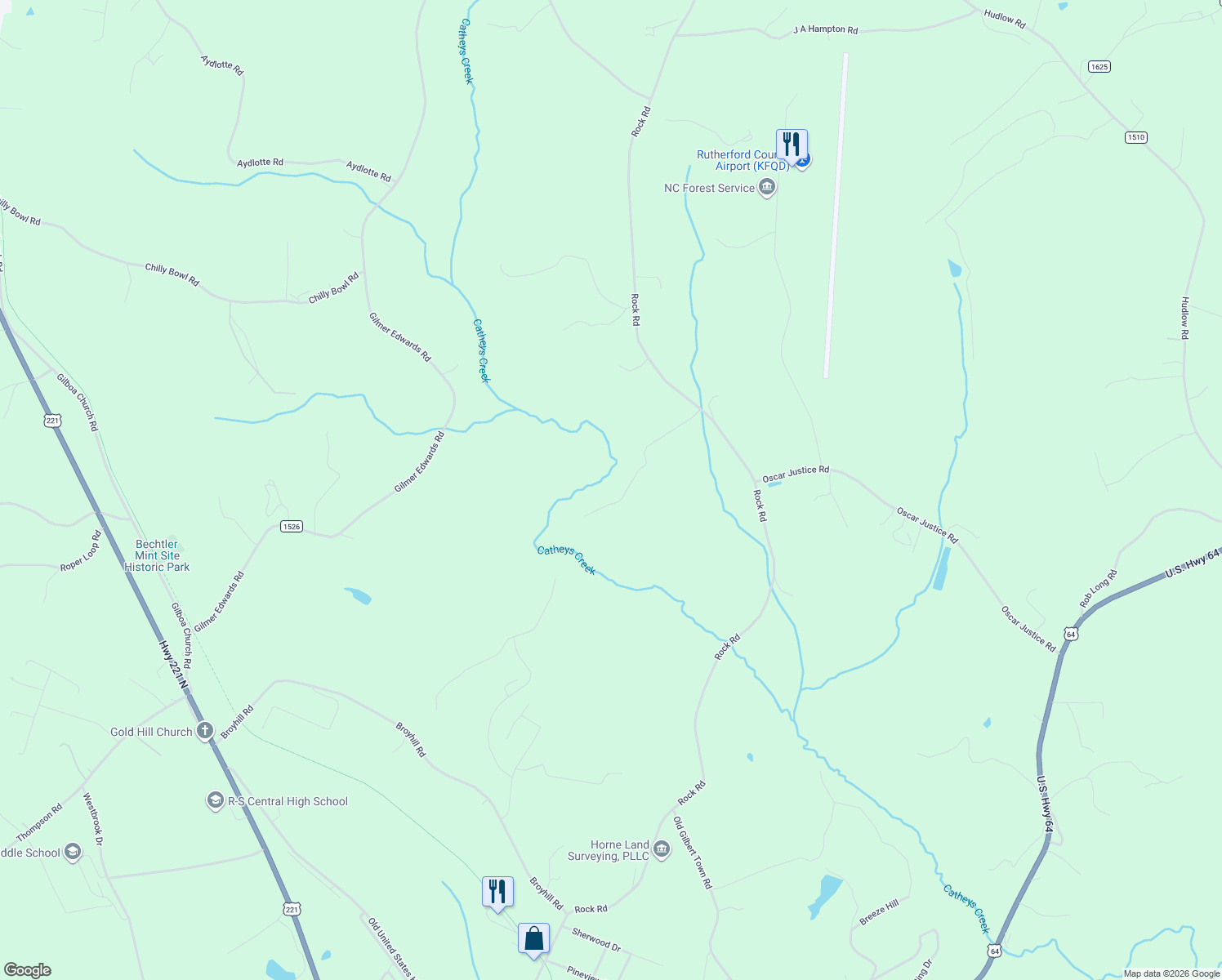 map of restaurants, bars, coffee shops, grocery stores, and more near 322 Balmy Lane in Rutherfordton