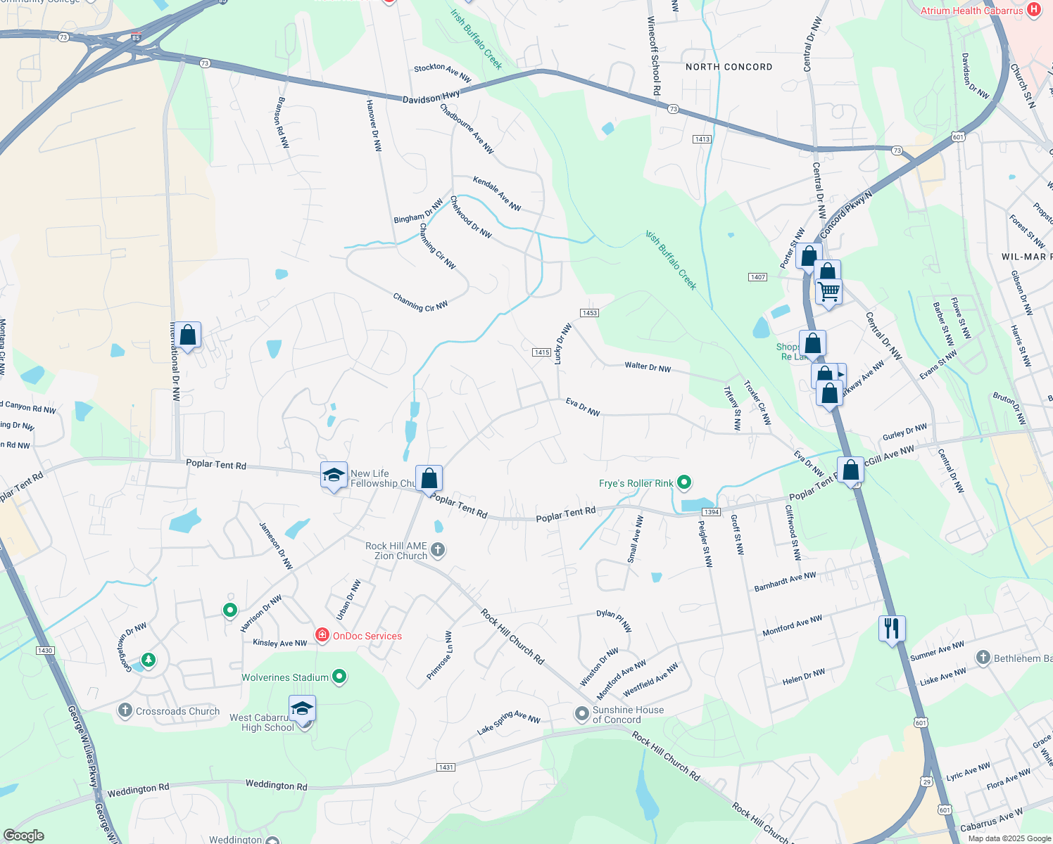 map of restaurants, bars, coffee shops, grocery stores, and more near 222 Christianna Court Northwest in Concord