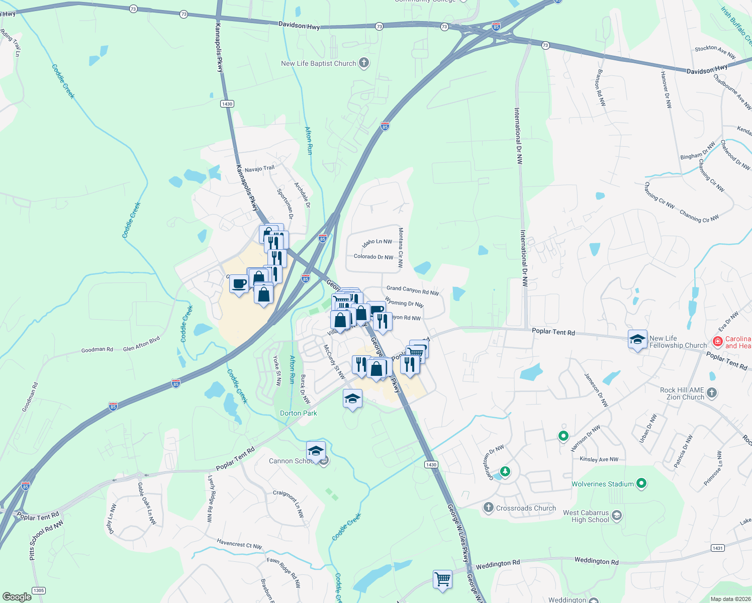 map of restaurants, bars, coffee shops, grocery stores, and more near 118 Arizona Pl NW in Concord