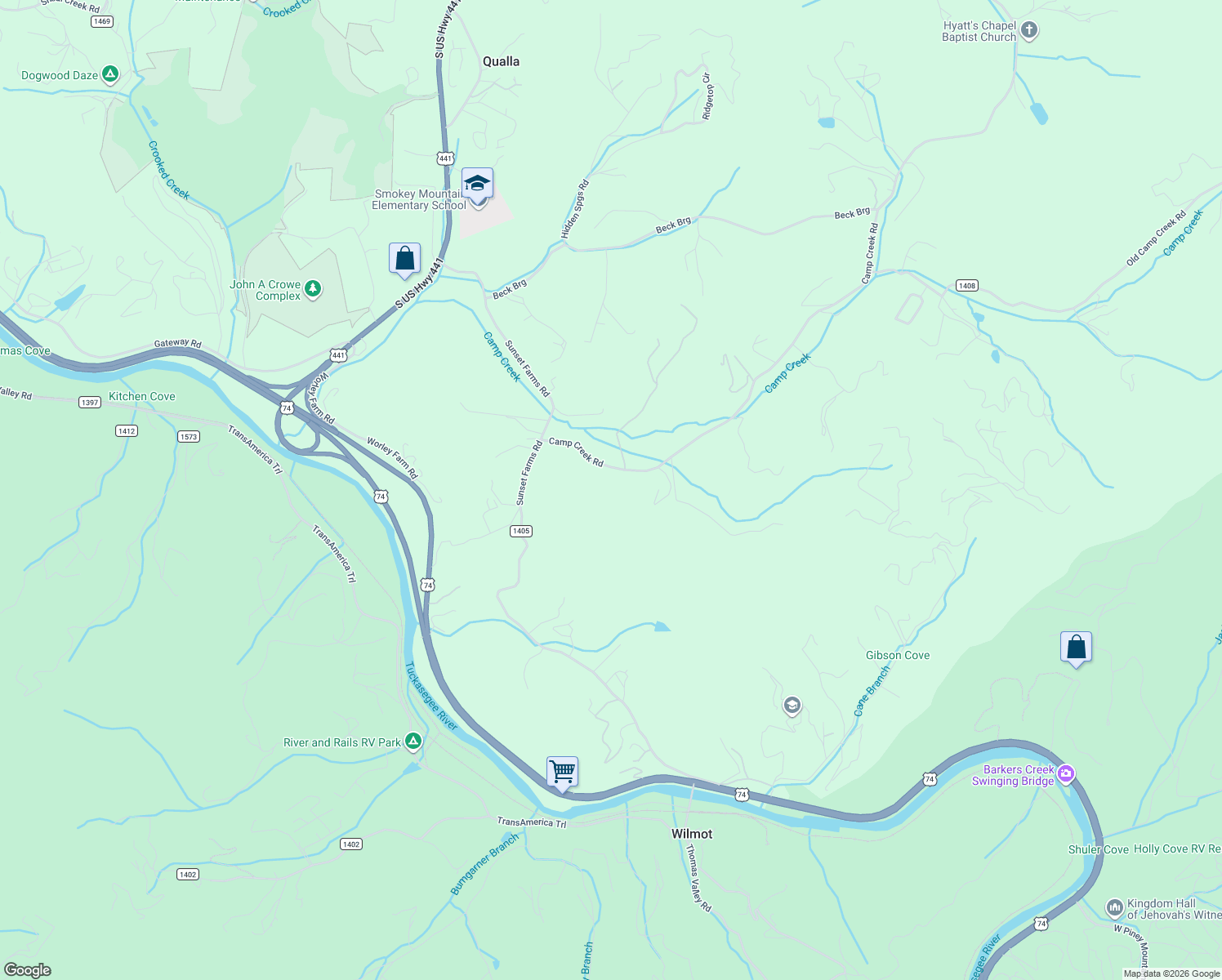 map of restaurants, bars, coffee shops, grocery stores, and more near 250 Camp Creek Road in Whittier