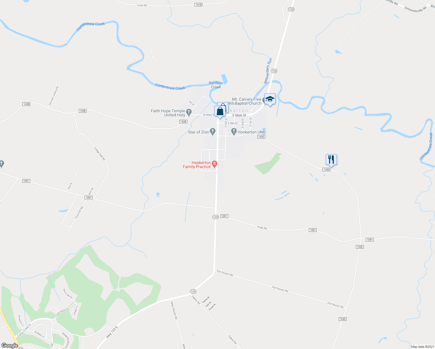 map of restaurants, bars, coffee shops, grocery stores, and more near Burnside Village Lane in Hookerton