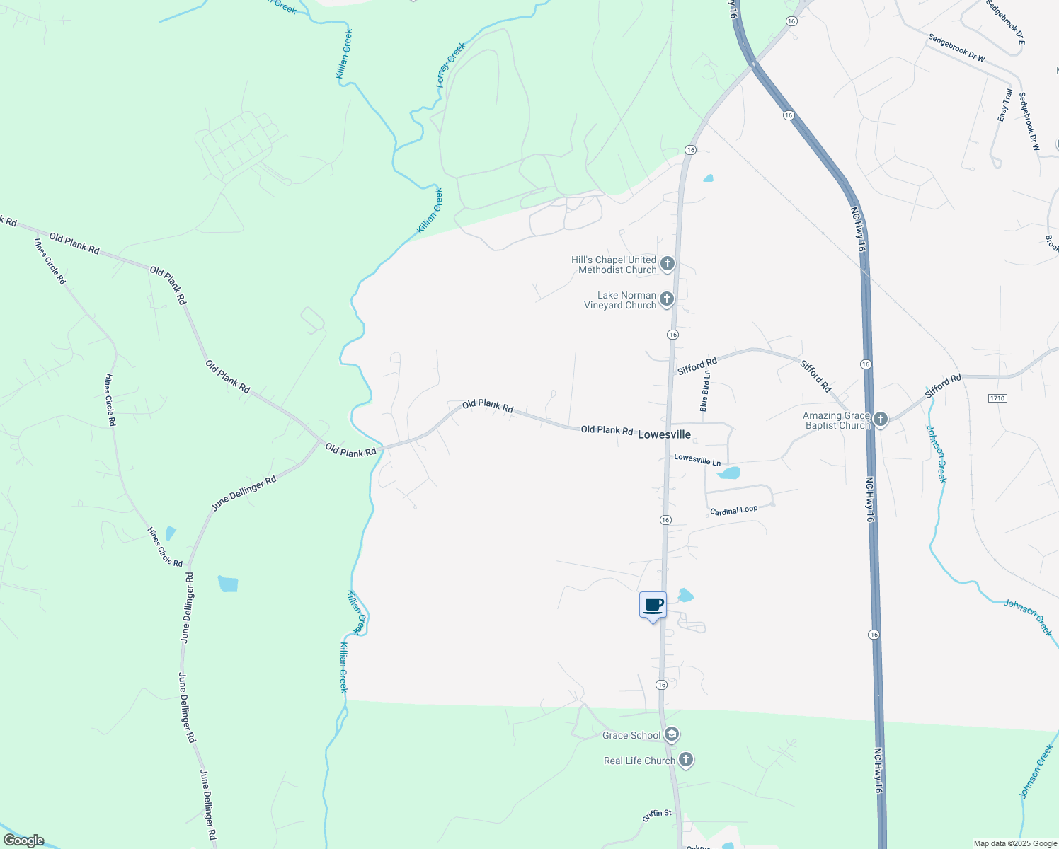 map of restaurants, bars, coffee shops, grocery stores, and more near 7604 Old Plank Road in Stanley