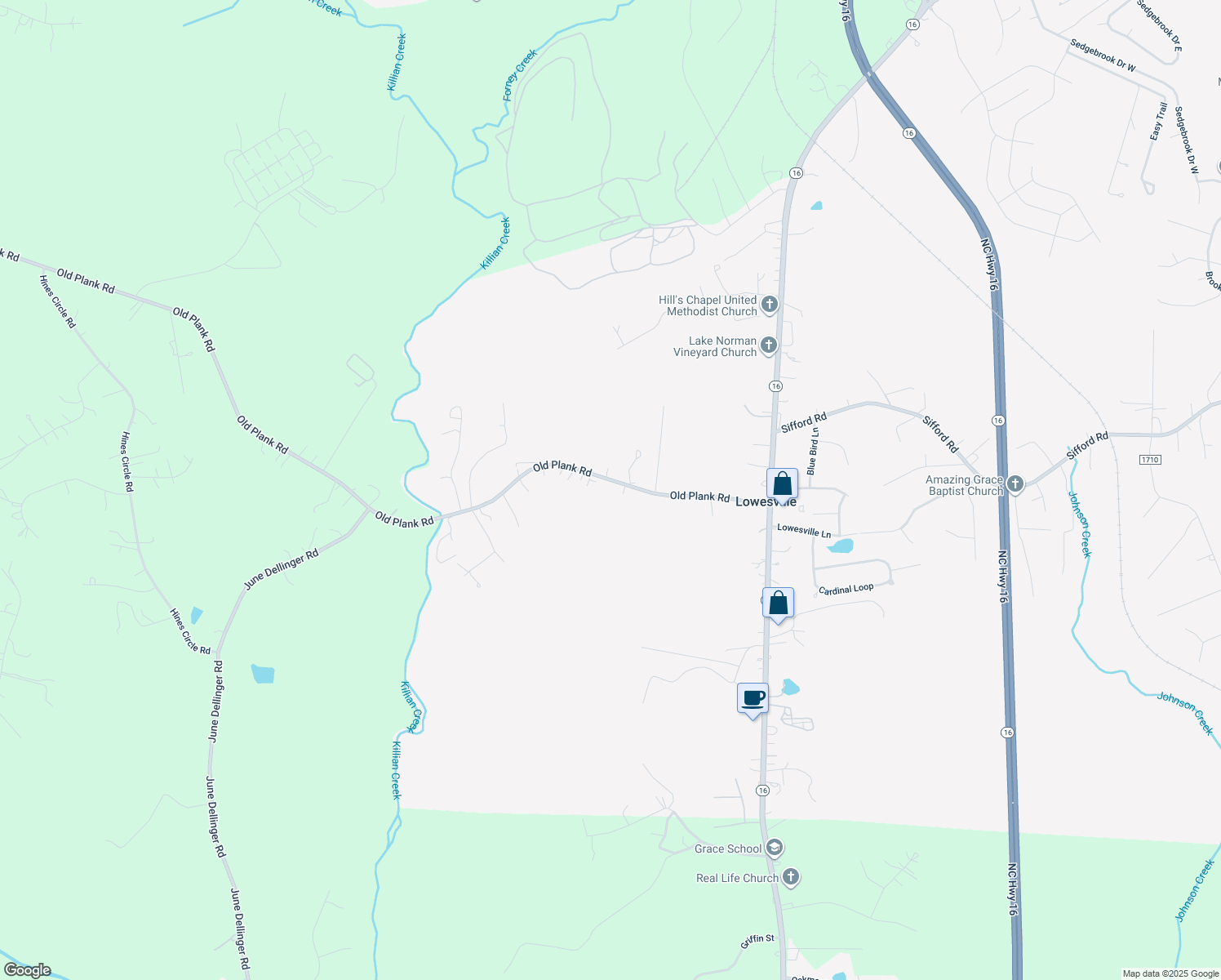 map of restaurants, bars, coffee shops, grocery stores, and more near 7604 Old Plank Road in Stanley