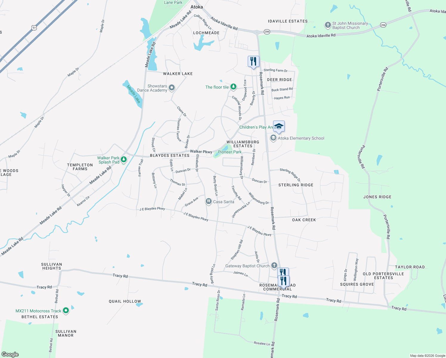 map of restaurants, bars, coffee shops, grocery stores, and more near 385 Duncan Drive in Atoka