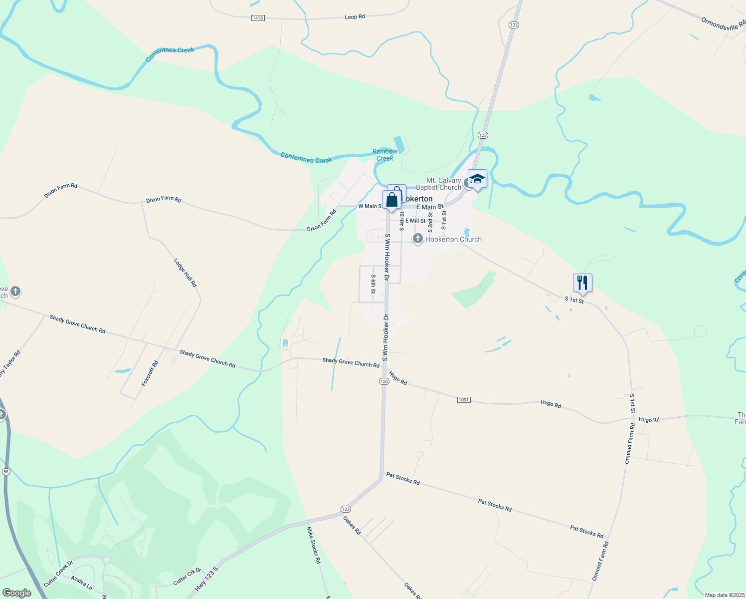 map of restaurants, bars, coffee shops, grocery stores, and more near 430 S 6th St in Hookerton