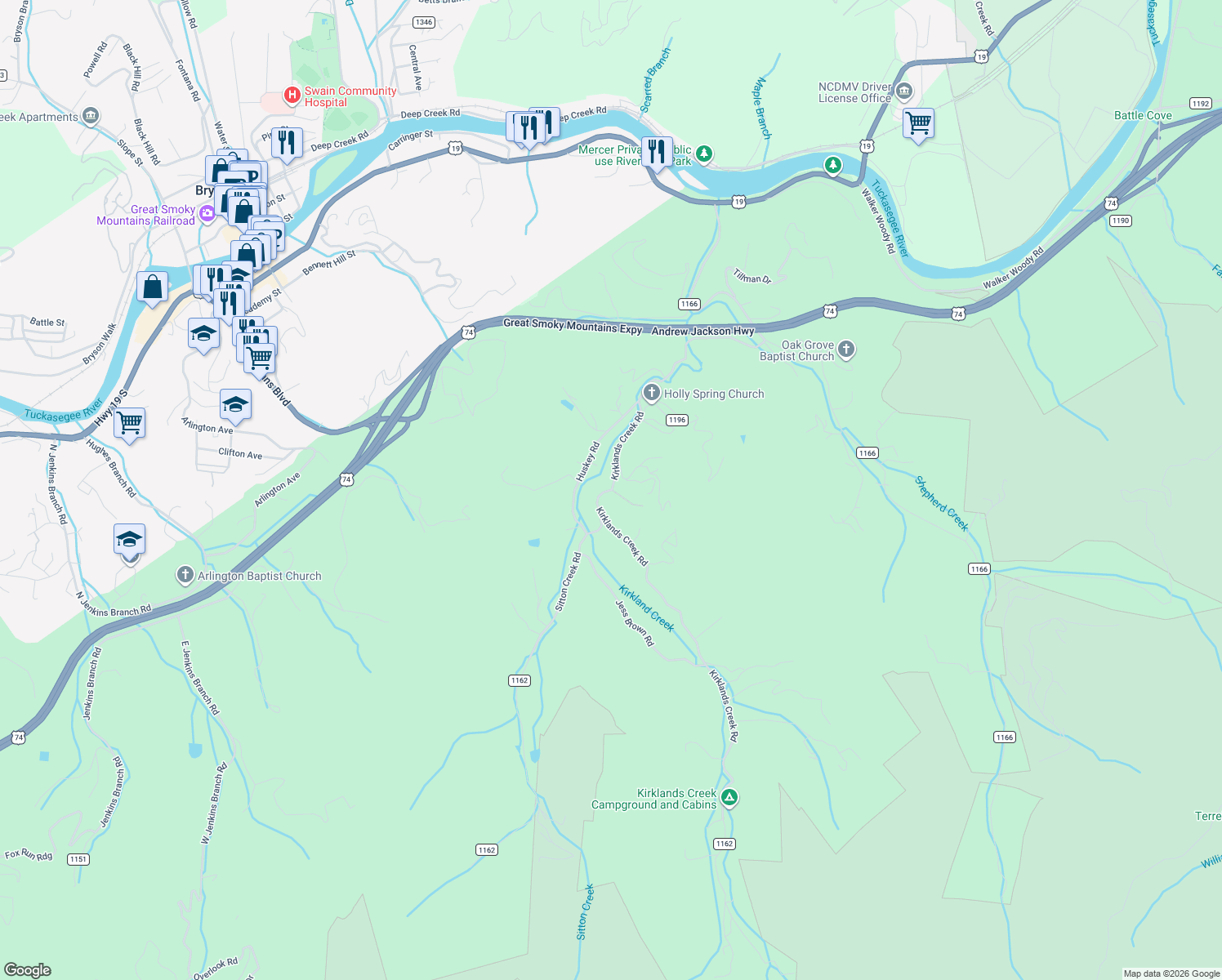 map of restaurants, bars, coffee shops, grocery stores, and more near State Road 1162 in Bryson City