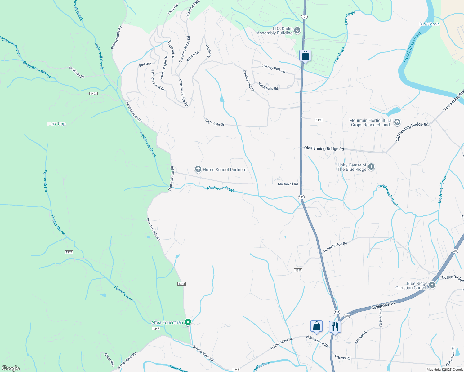 map of restaurants, bars, coffee shops, grocery stores, and more near 115 McDowell Road in Mills River