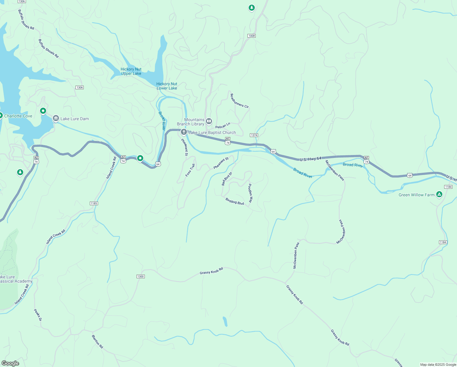 map of restaurants, bars, coffee shops, grocery stores, and more near 198 Wildcat Boulevard in Lake Lure