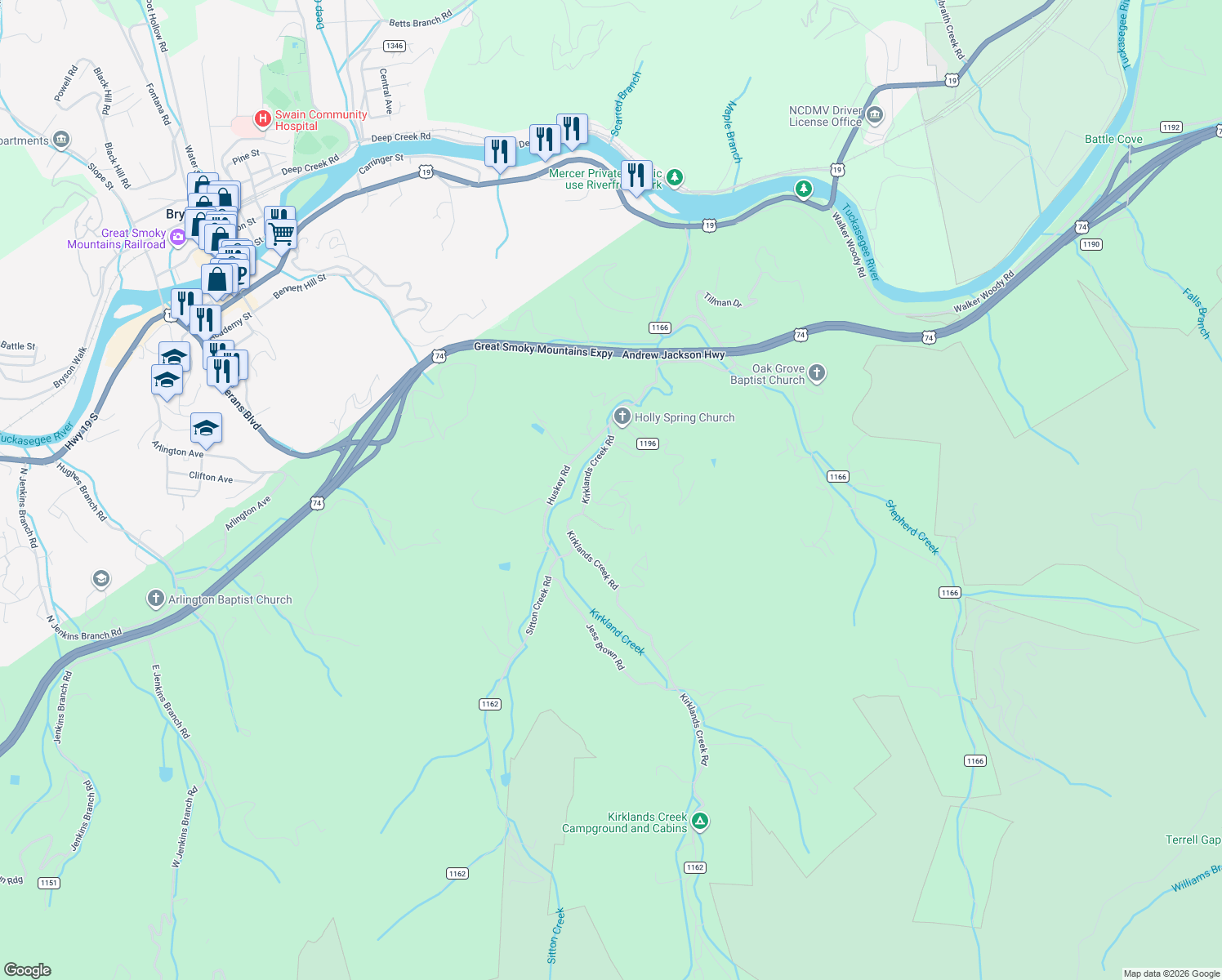 map of restaurants, bars, coffee shops, grocery stores, and more near 25 Coltswood Lane in Bryson City