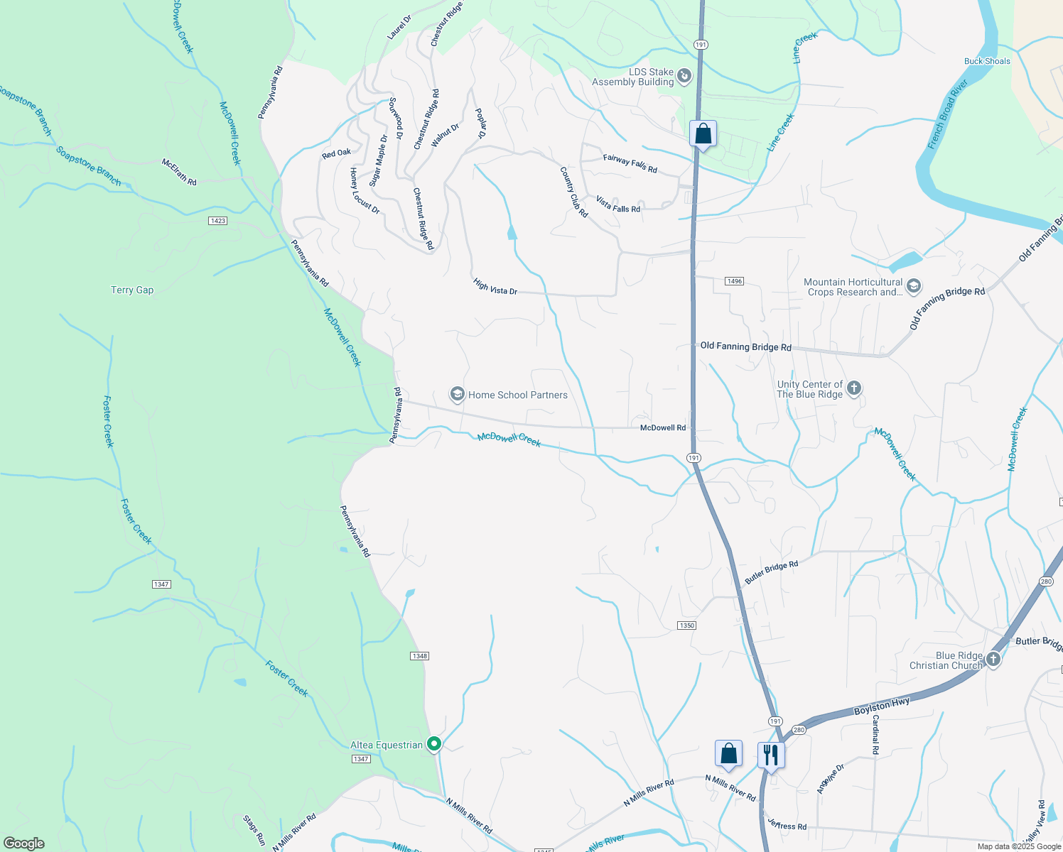map of restaurants, bars, coffee shops, grocery stores, and more near 115 McDowell Road in Mills River