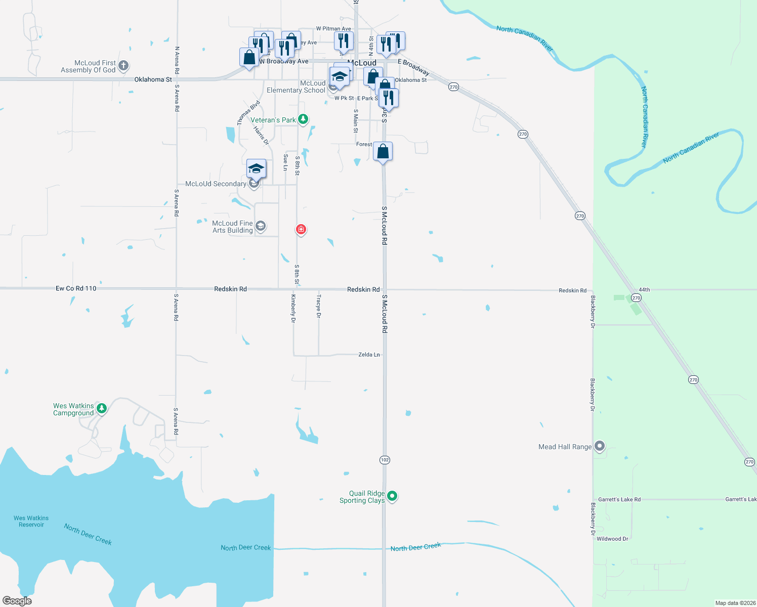 map of restaurants, bars, coffee shops, grocery stores, and more near 31999 Redskin Rd in McLoud