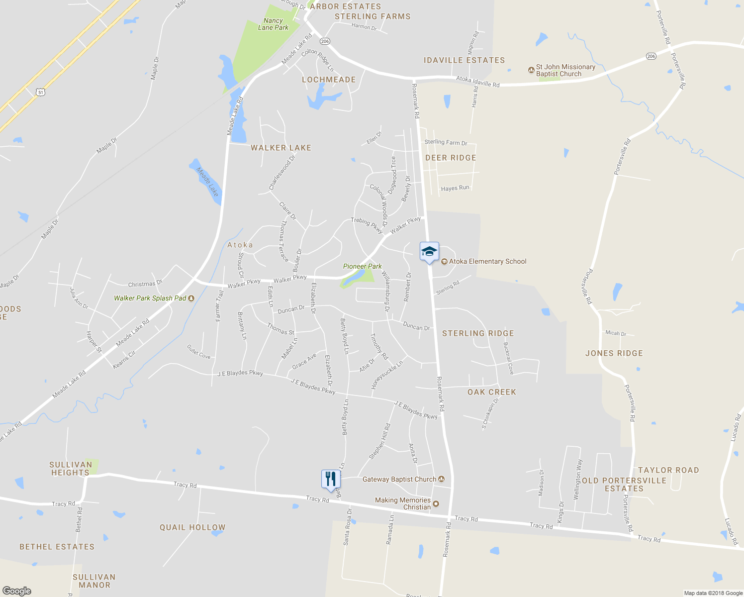 map of restaurants, bars, coffee shops, grocery stores, and more near 307 Hummingbird Loop in Atoka