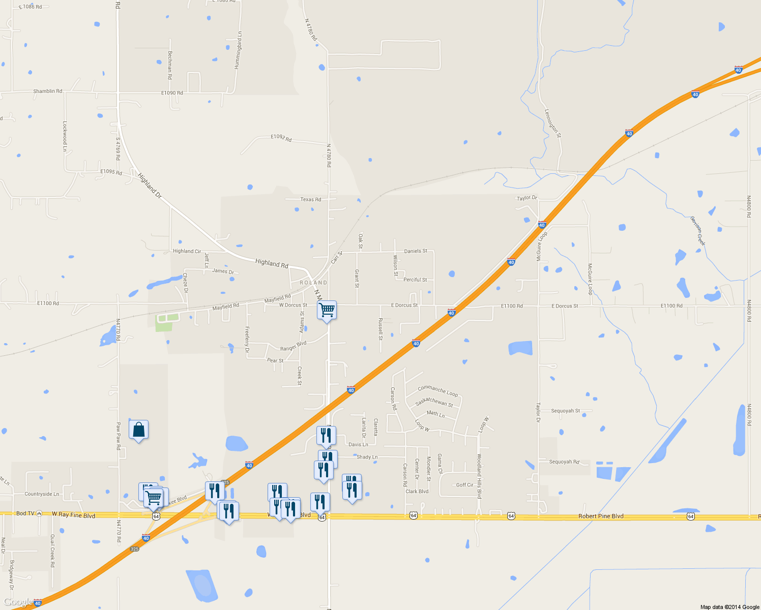 map of restaurants, bars, coffee shops, grocery stores, and more near 314 East Dorcus Street in Roland