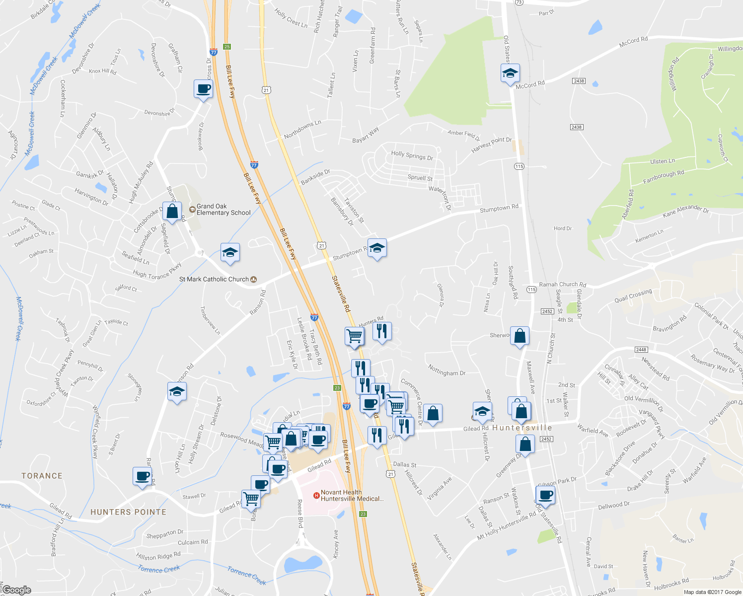map of restaurants, bars, coffee shops, grocery stores, and more near 14921 Alexander Place Drive in Huntersville