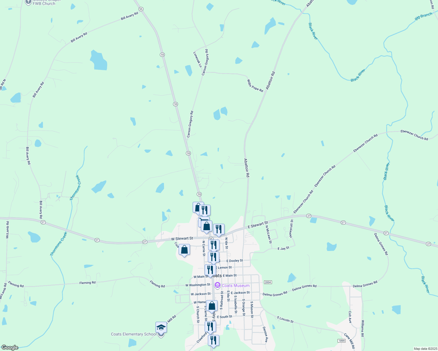 map of restaurants, bars, coffee shops, grocery stores, and more near 254 Irbin Drive in Coats