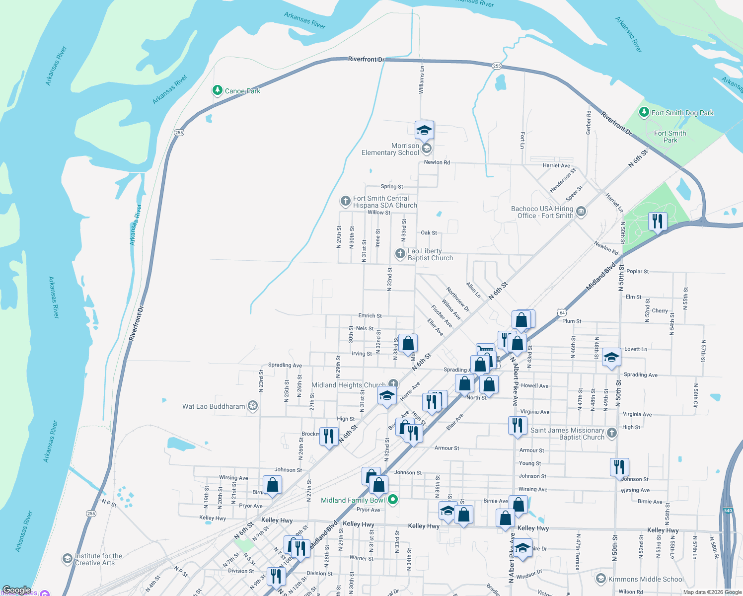 map of restaurants, bars, coffee shops, grocery stores, and more near 4210 North 31st Street in Fort Smith