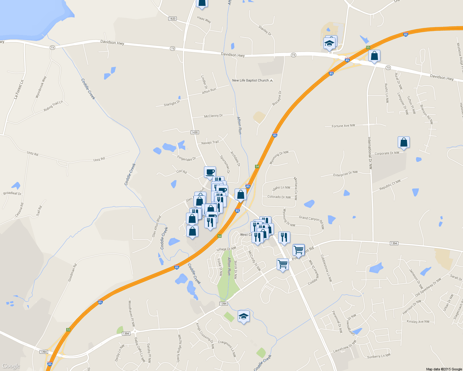 map of restaurants, bars, coffee shops, grocery stores, and more near 5791 Wabash Ln in Concord