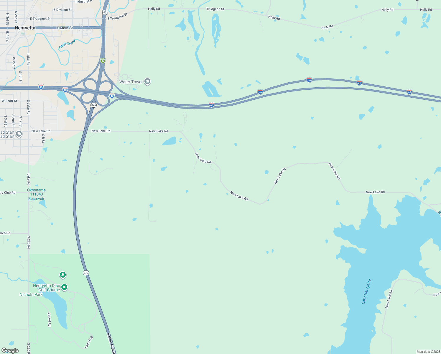 map of restaurants, bars, coffee shops, grocery stores, and more near 15605 New Lake Road in Henryetta