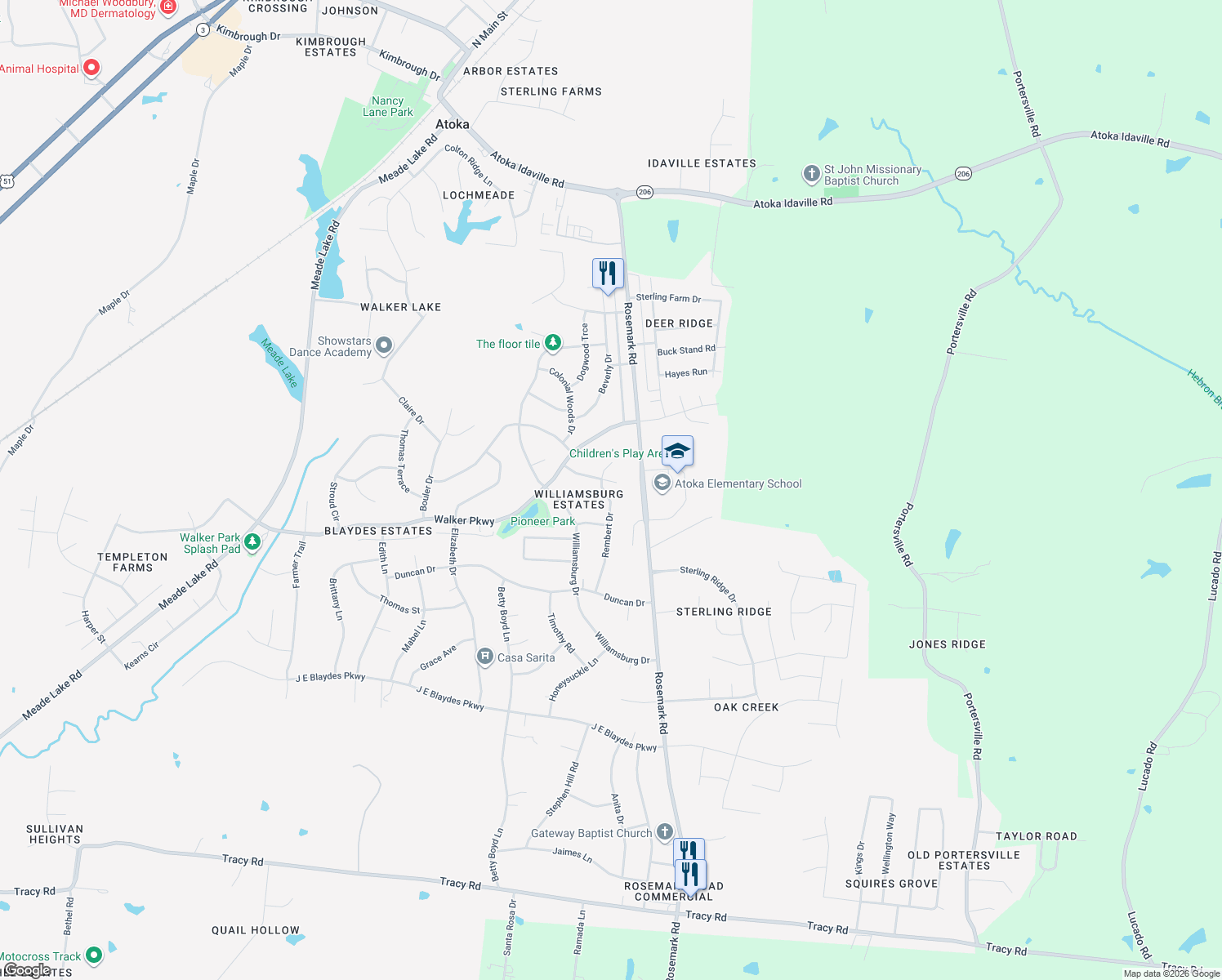 map of restaurants, bars, coffee shops, grocery stores, and more near 308 Rembert Drive in Atoka