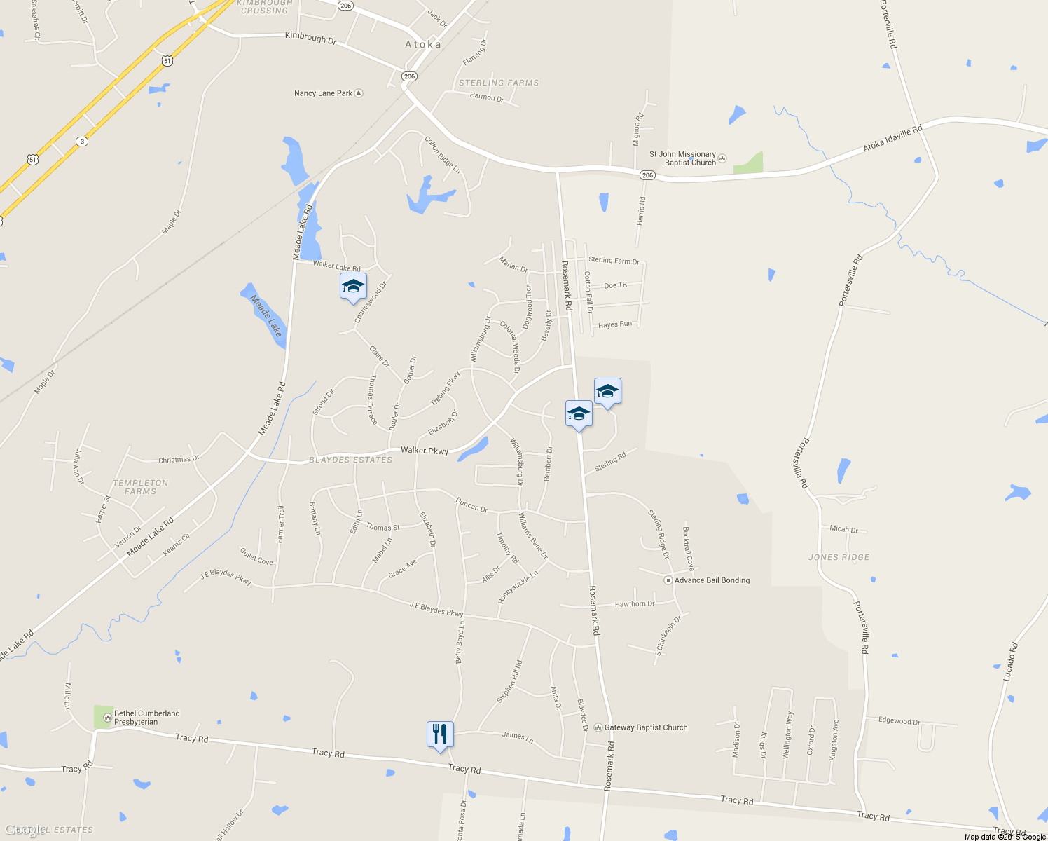 map of restaurants, bars, coffee shops, grocery stores, and more near 65 Clementine Rd in Atoka