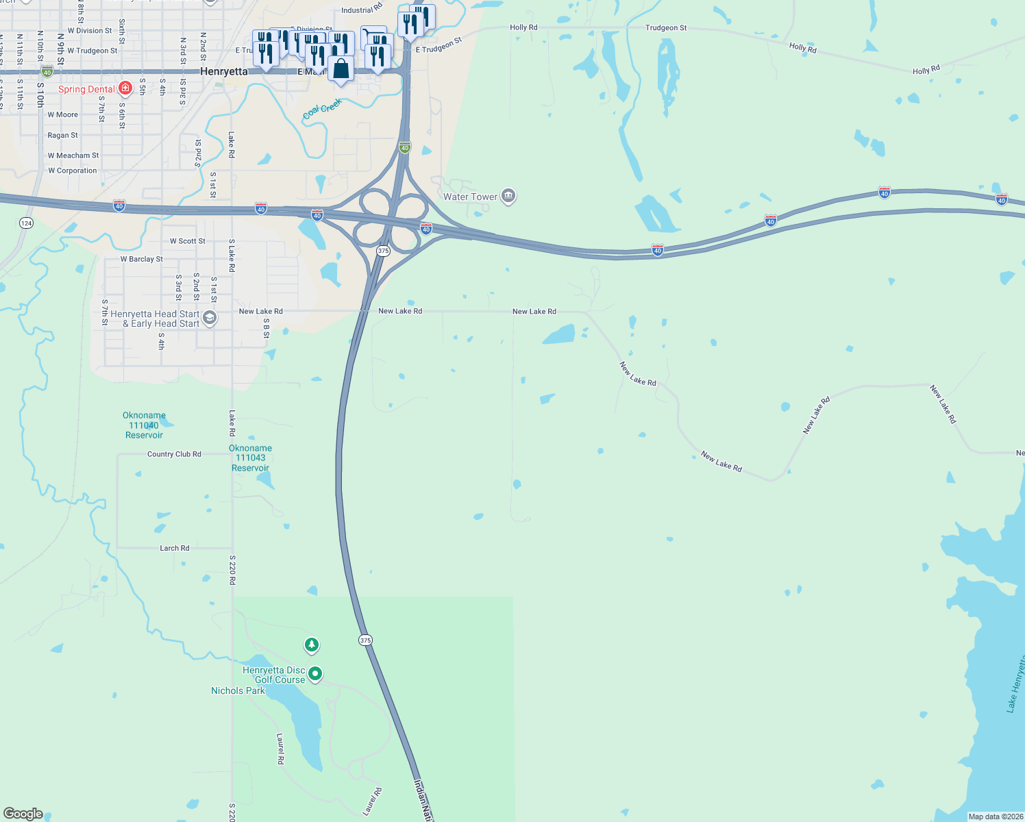 map of restaurants, bars, coffee shops, grocery stores, and more near 13030 New Lake Road in Henryetta