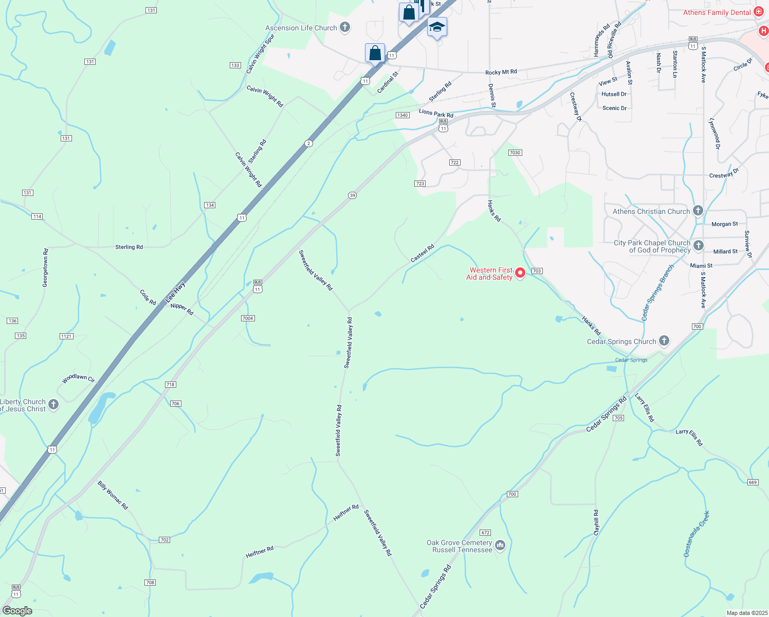 map of restaurants, bars, coffee shops, grocery stores, and more near 241 County Road 704 in Athens