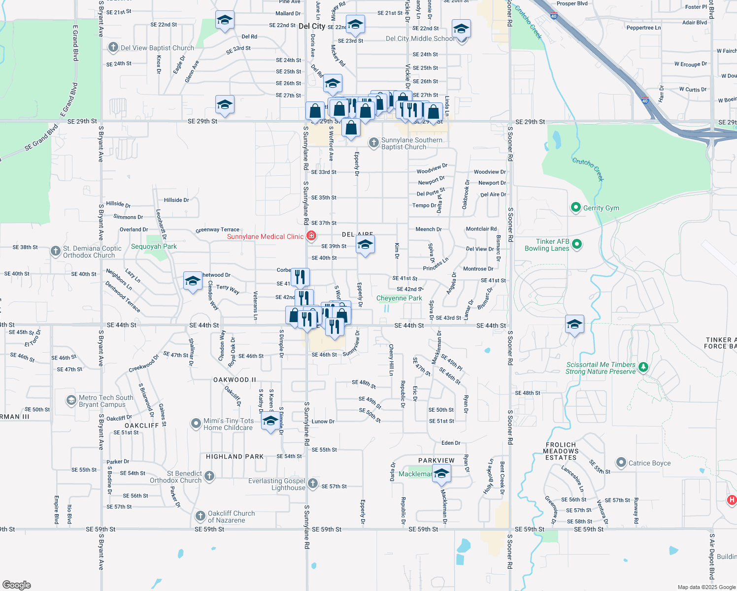 map of restaurants, bars, coffee shops, grocery stores, and more near 4329 Suntane Road in Oklahoma City