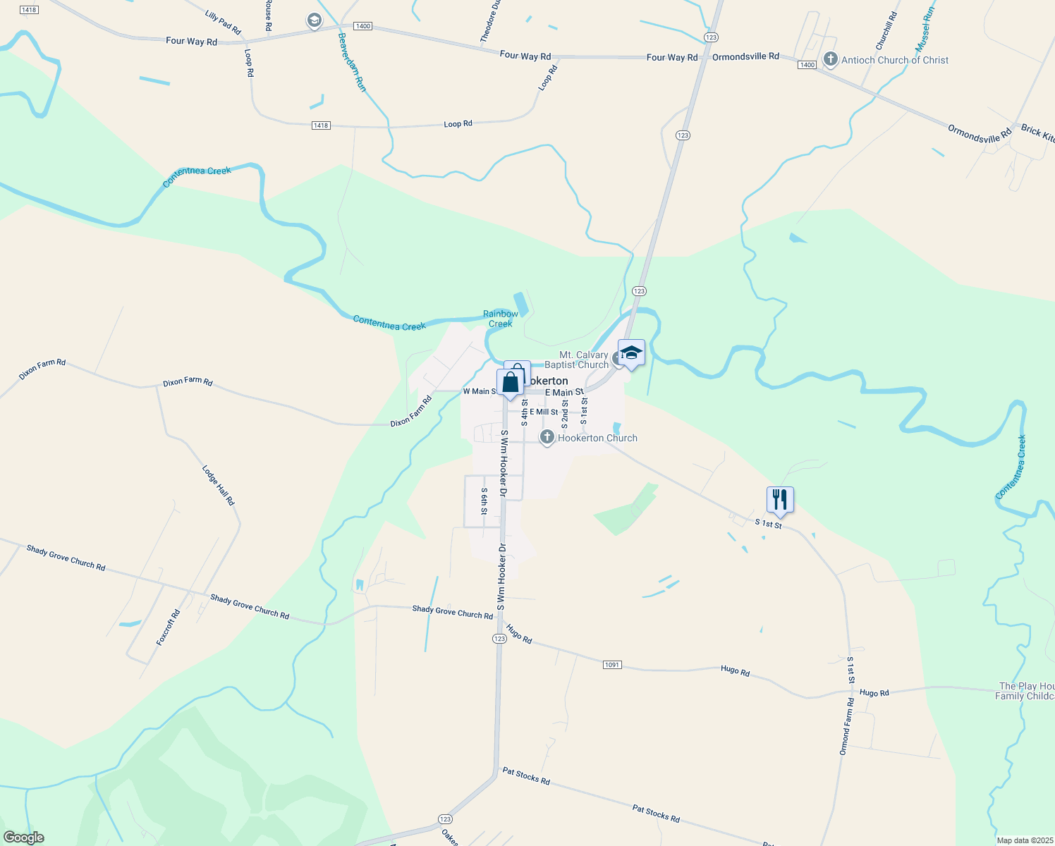 map of restaurants, bars, coffee shops, grocery stores, and more near 209 South 4th Street in Hookerton