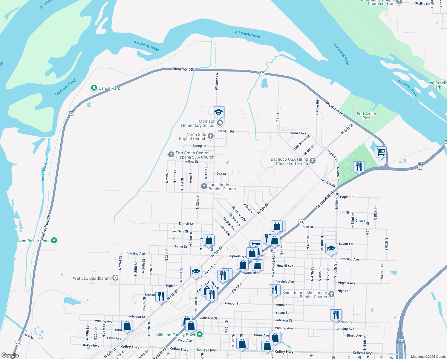 map of restaurants, bars, coffee shops, grocery stores, and more near 4610 N 35th St in Fort Smith