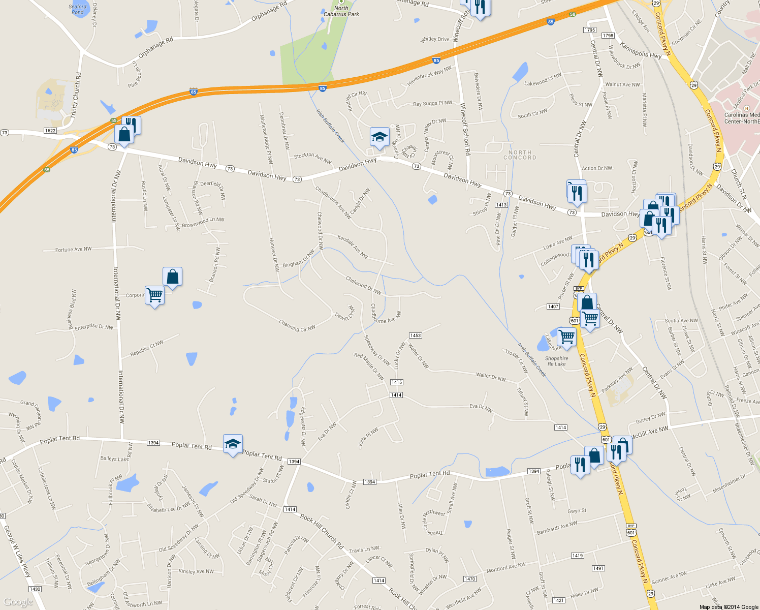map of restaurants, bars, coffee shops, grocery stores, and more near 684 Chadbourne Avenue Northwest in Concord