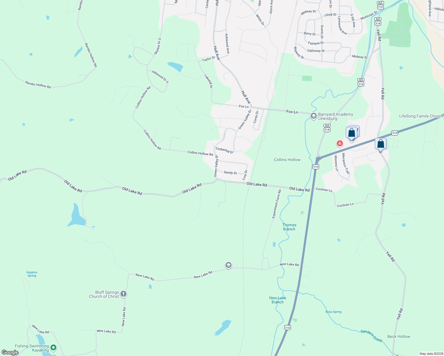 map of restaurants, bars, coffee shops, grocery stores, and more near 1547 Old Lake Road in Lewisburg