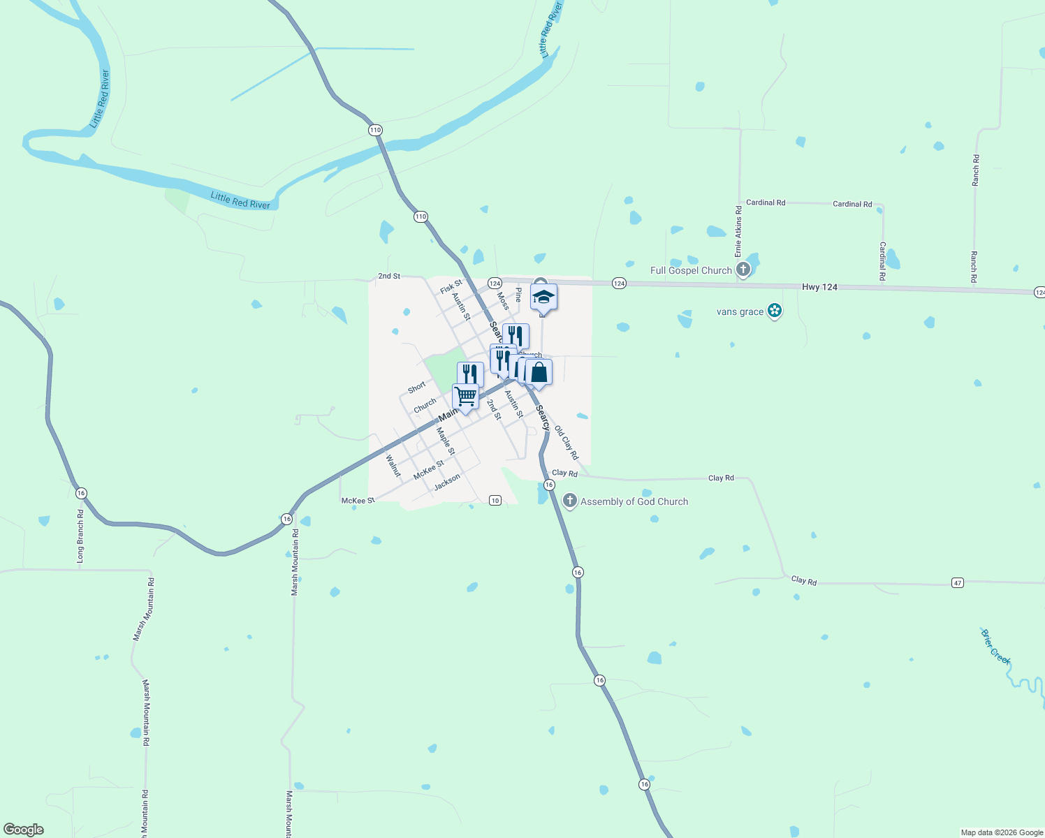 map of restaurants, bars, coffee shops, grocery stores, and more near 210 Austin Street in Pangburn