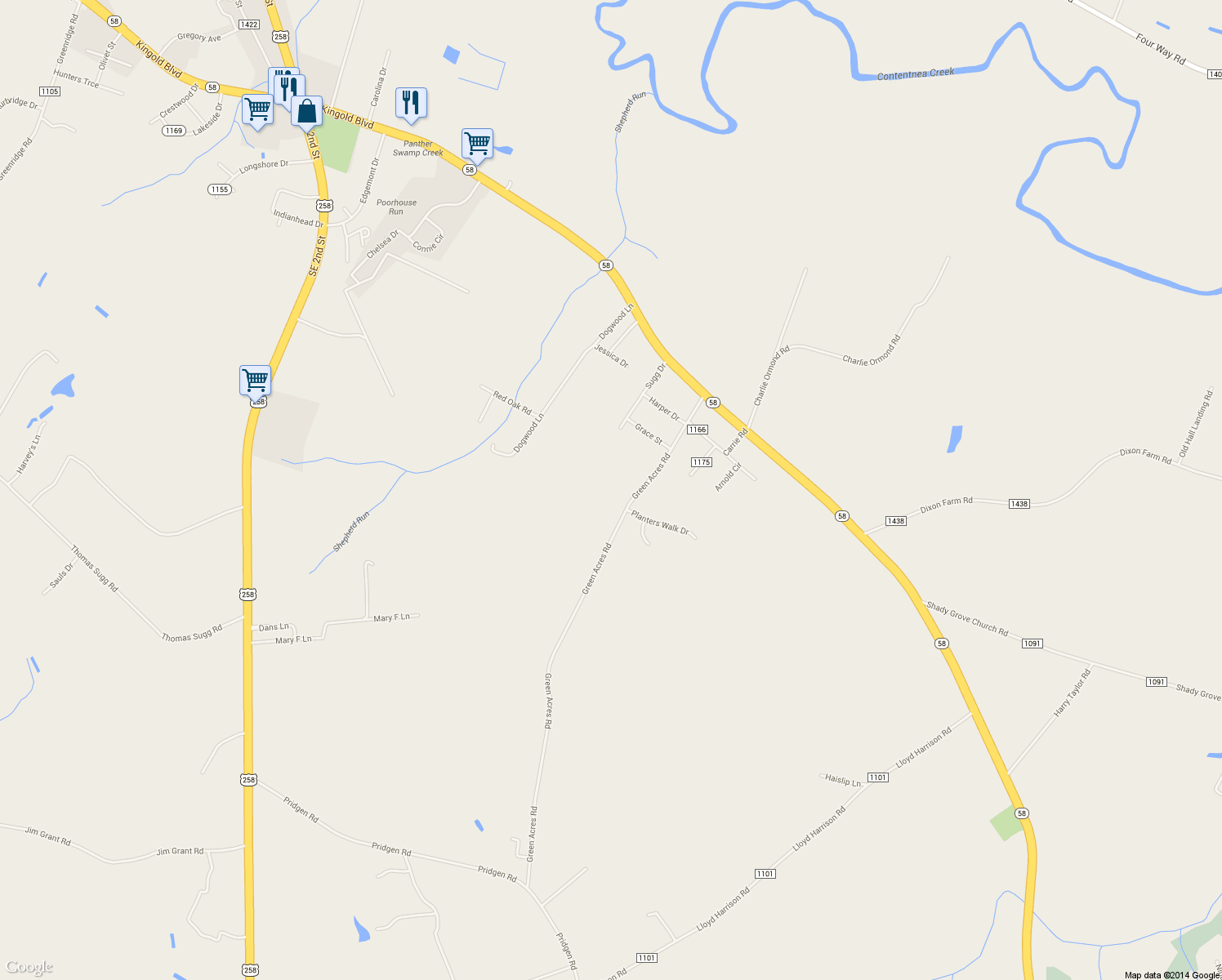 map of restaurants, bars, coffee shops, grocery stores, and more near 386 Green Acres Rd in Snow Hill