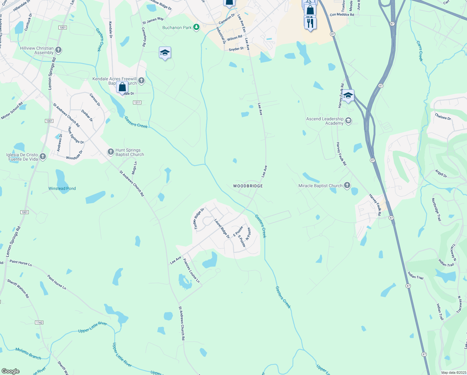 map of restaurants, bars, coffee shops, grocery stores, and more near 1310 Fernridge Drive in Sanford