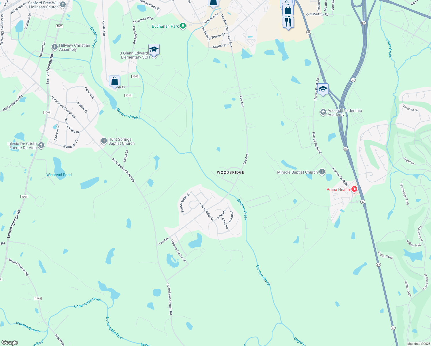 map of restaurants, bars, coffee shops, grocery stores, and more near 1314 Fernridge Drive in Sanford