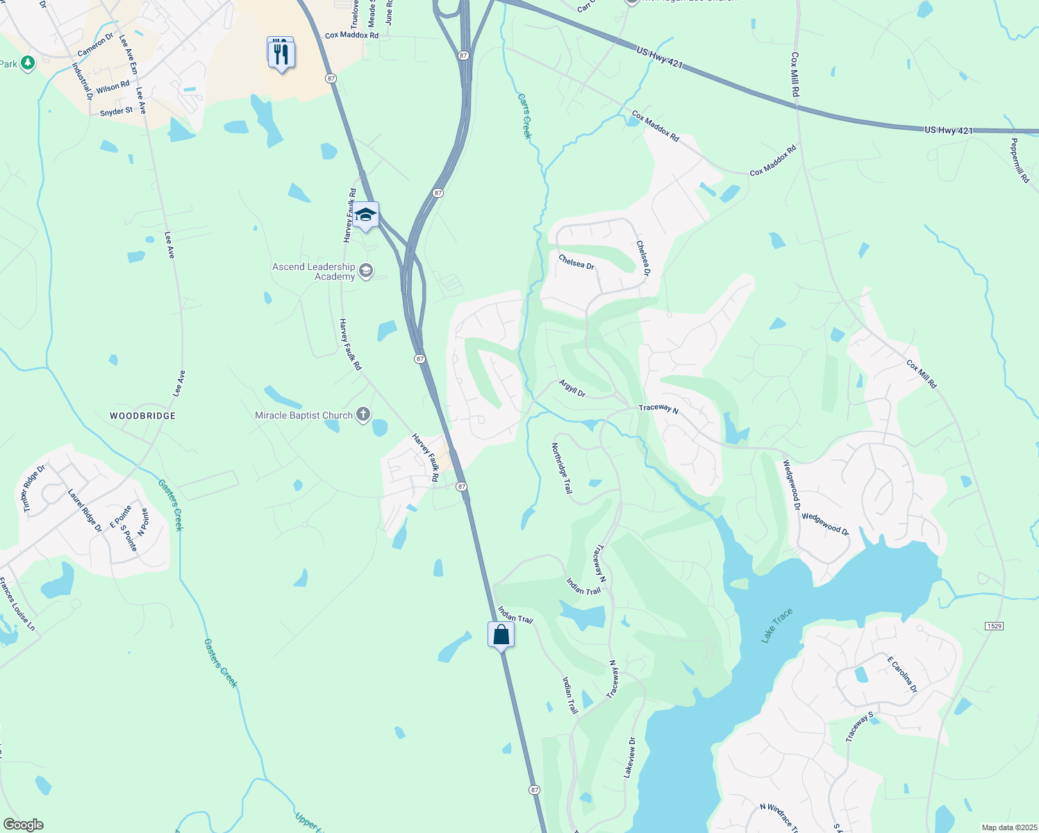 map of restaurants, bars, coffee shops, grocery stores, and more near 3274 Edinburgh Drive in Sanford