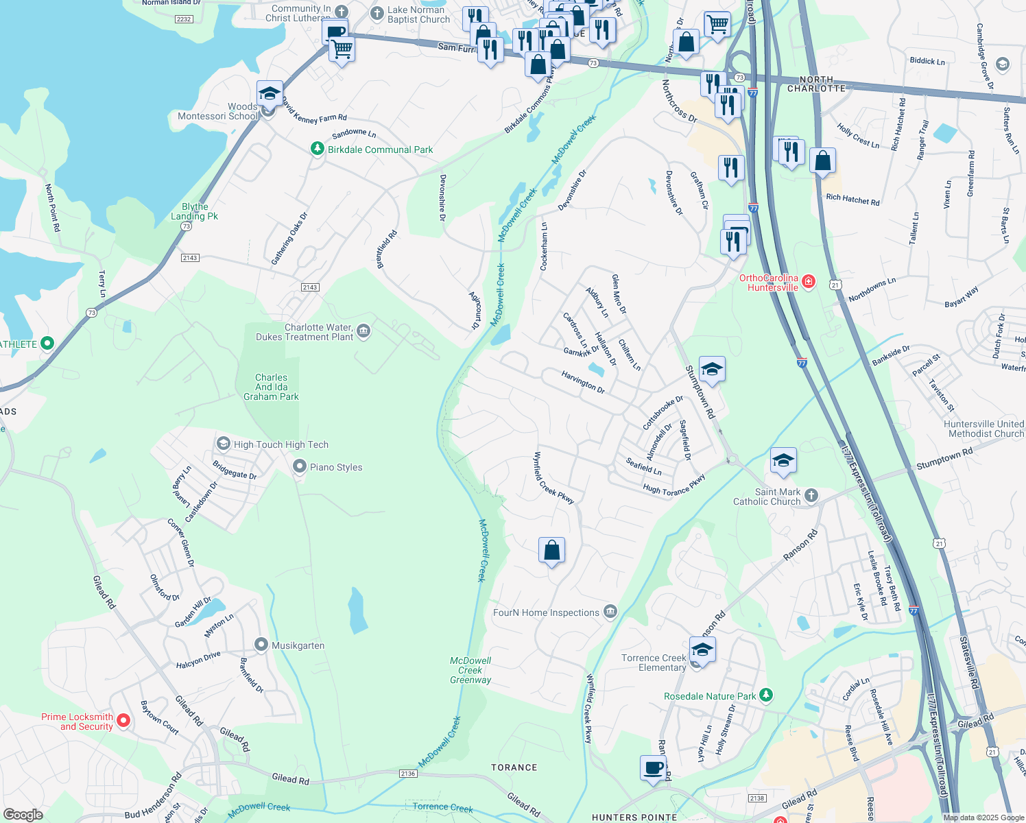 map of restaurants, bars, coffee shops, grocery stores, and more near 16029 Wynfield Creek Parkway in Huntersville