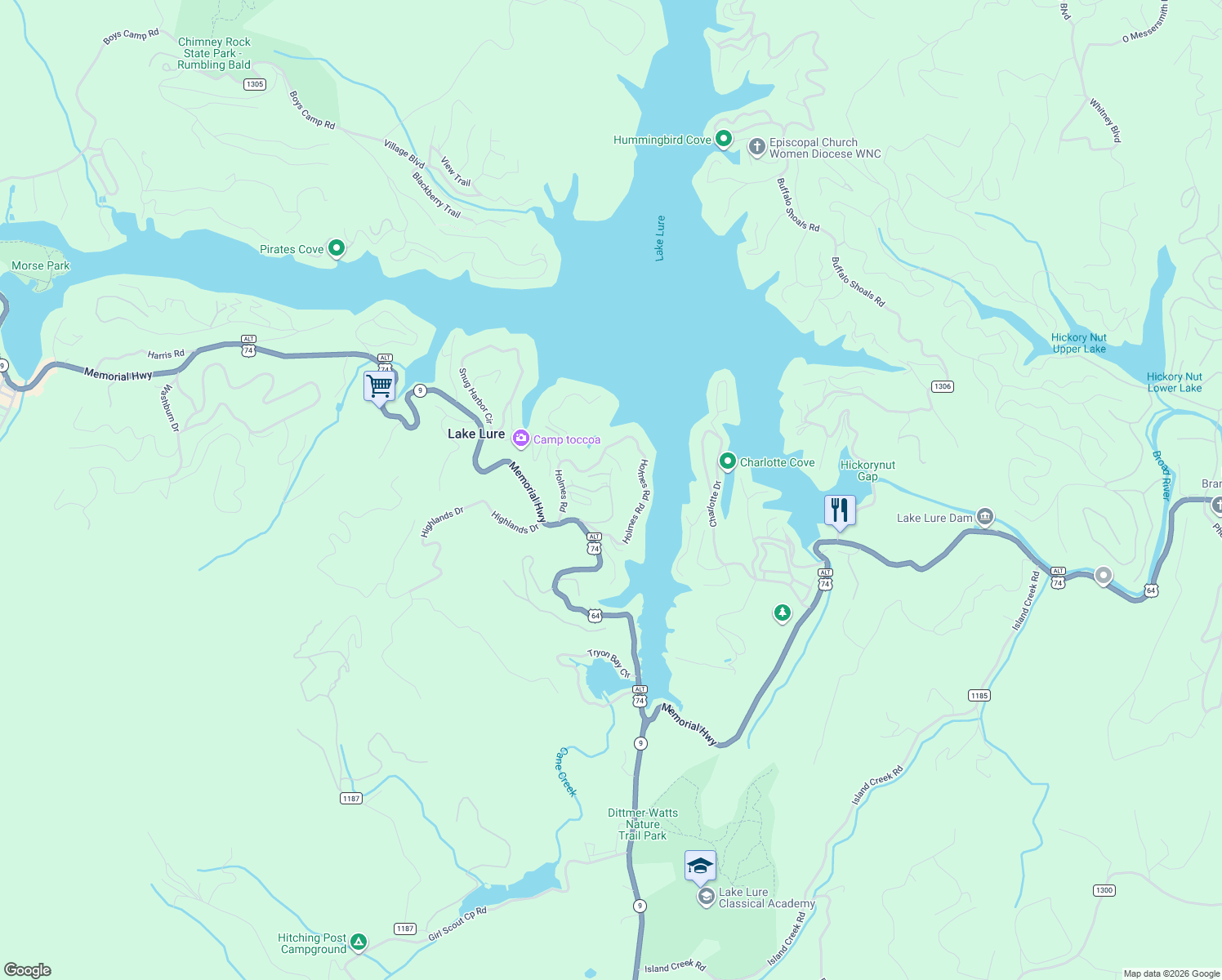 map of restaurants, bars, coffee shops, grocery stores, and more near 177 Ridgeview Circle in Lake Lure