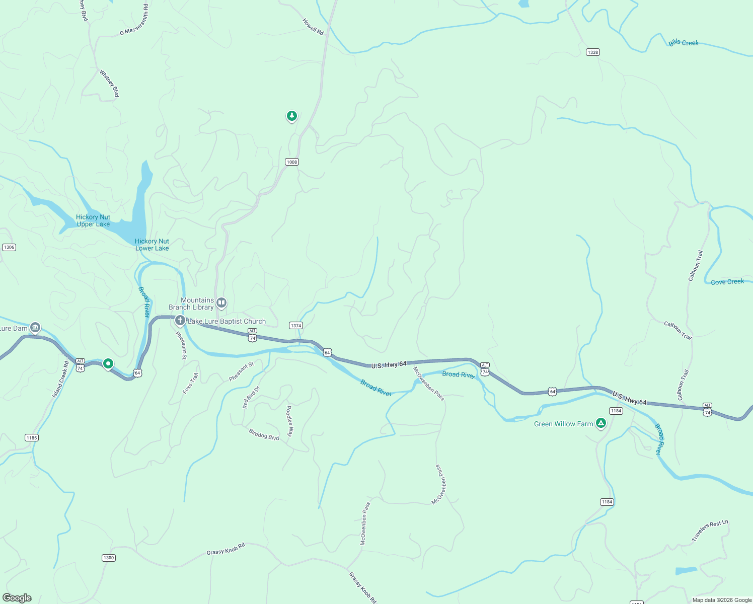map of restaurants, bars, coffee shops, grocery stores, and more near 318 Willow Top Lane in Lake Lure