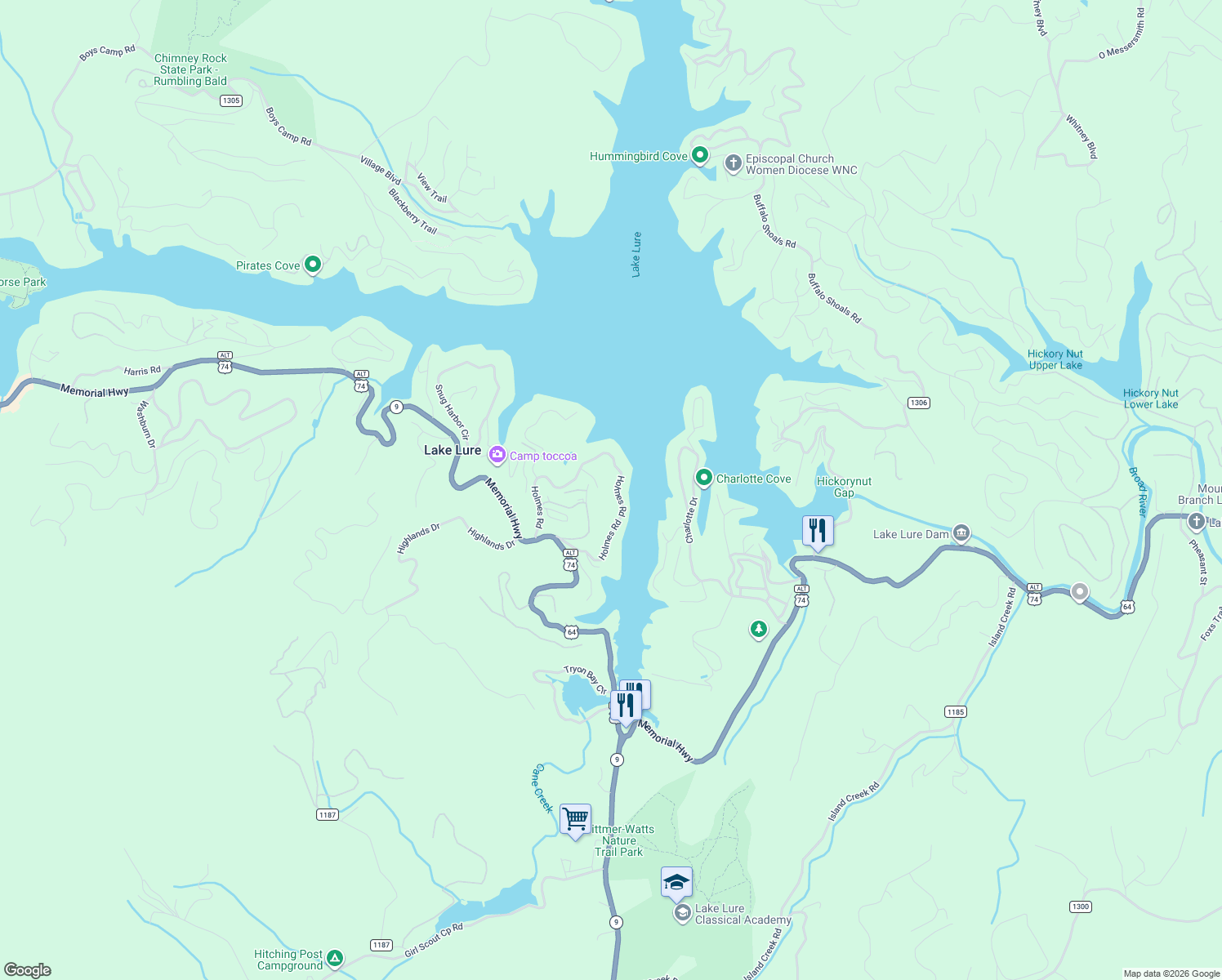 map of restaurants, bars, coffee shops, grocery stores, and more near 177 Ridge View Circle in Lake Lure