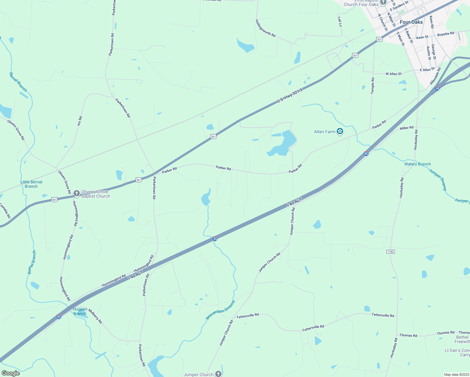 map of restaurants, bars, coffee shops, grocery stores, and more near 1335 Parker Rd in Four Oaks