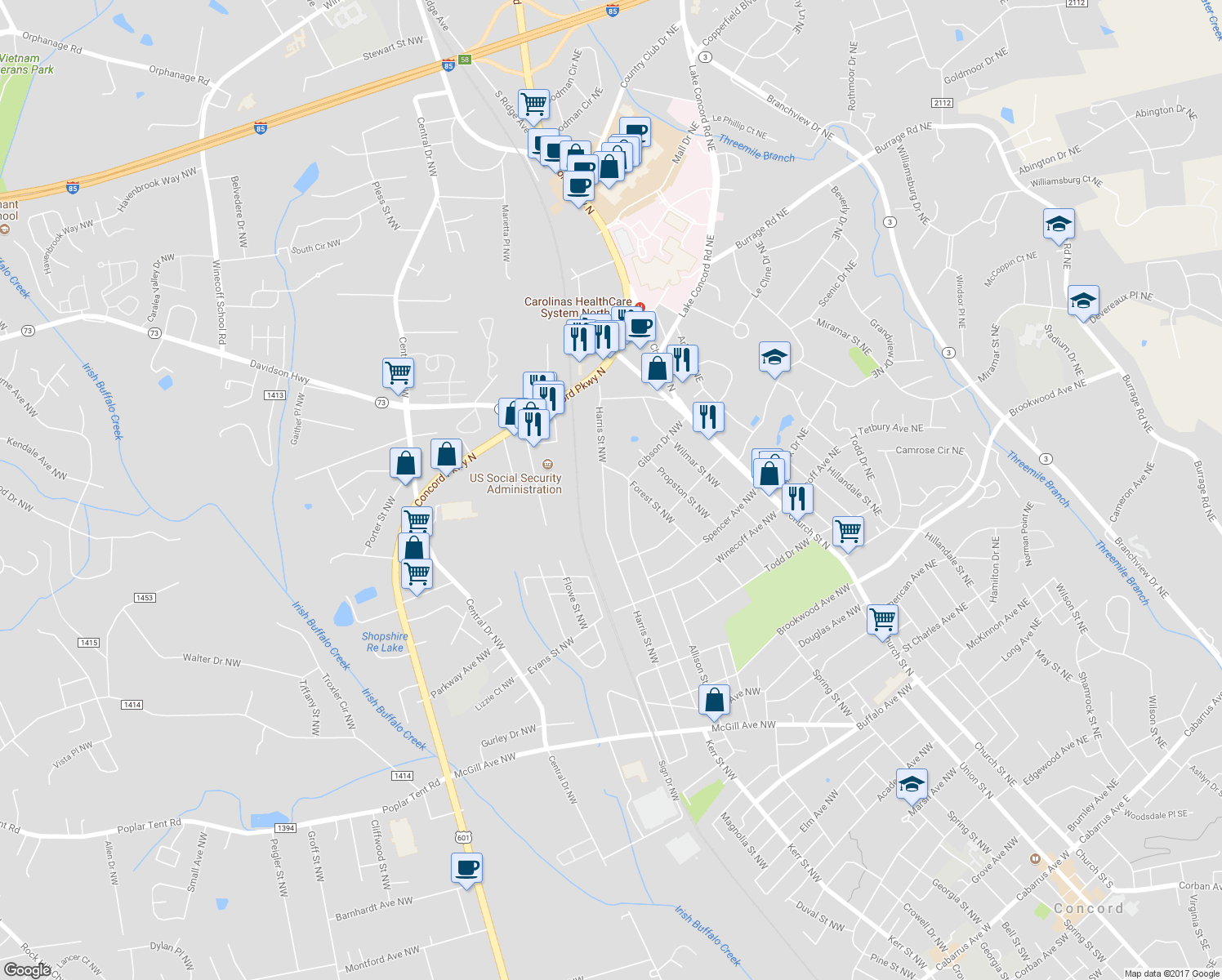 map of restaurants, bars, coffee shops, grocery stores, and more near 754 Harris Street Northwest in Concord