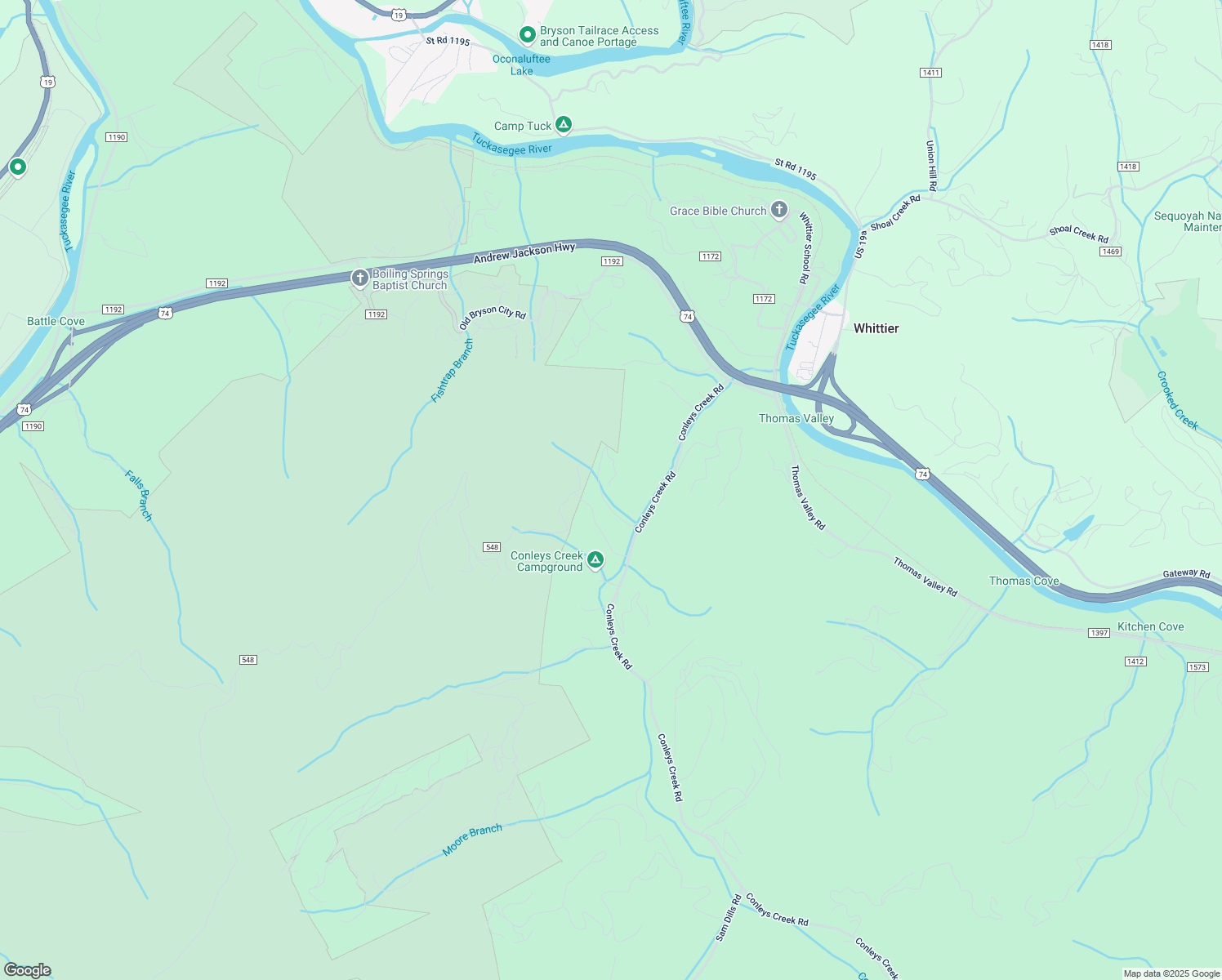 map of restaurants, bars, coffee shops, grocery stores, and more near 240 Tara Hill in Bryson City