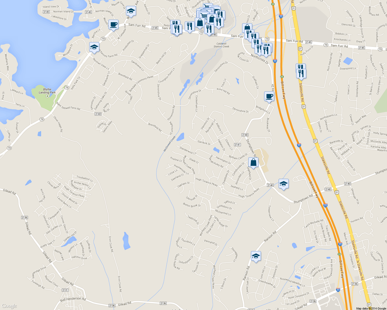 map of restaurants, bars, coffee shops, grocery stores, and more near 9434 Standerwick Lane in Huntersville