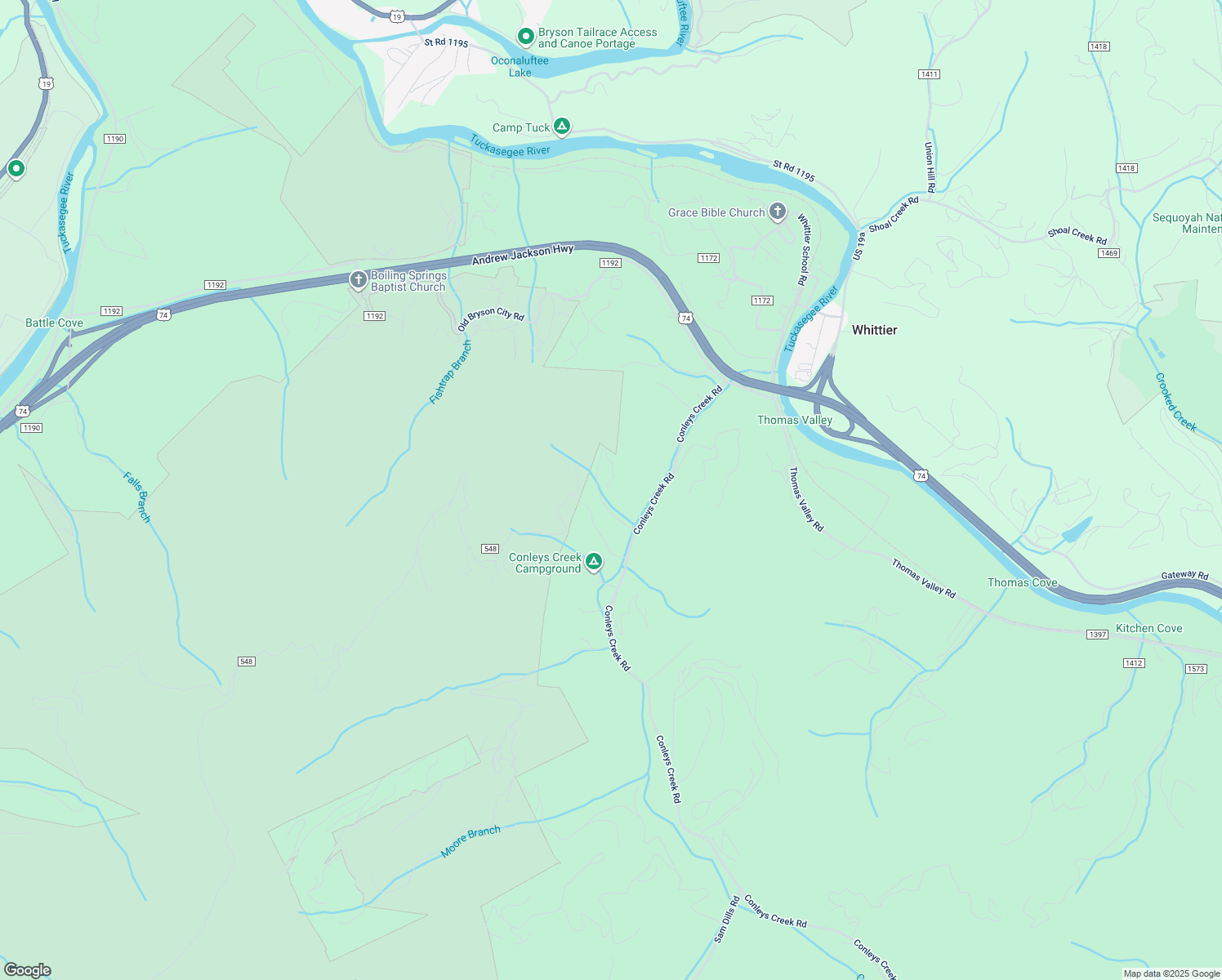 map of restaurants, bars, coffee shops, grocery stores, and more near 240 Tara Hills in Bryson City