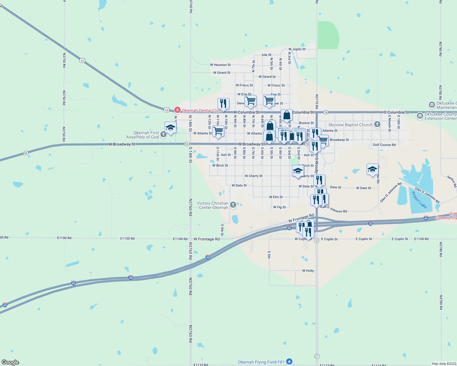 map of restaurants, bars, coffee shops, grocery stores, and more near 910 West Date Street in Okemah