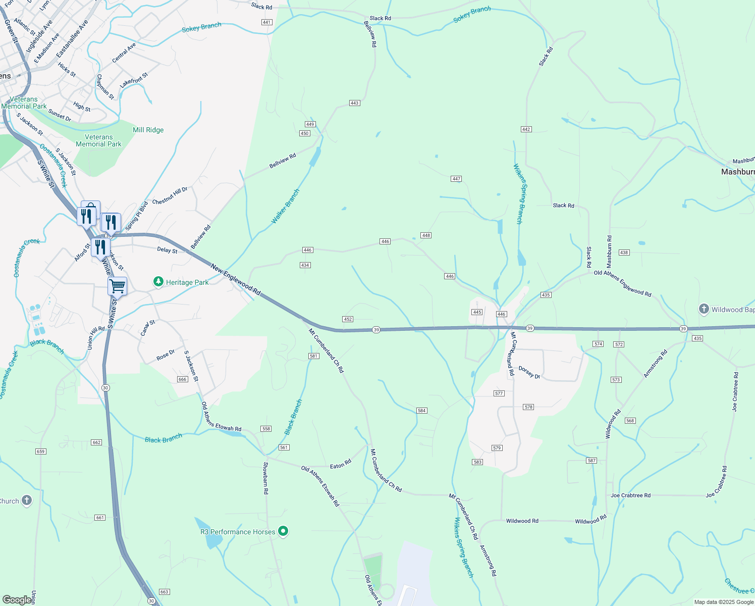 map of restaurants, bars, coffee shops, grocery stores, and more near 143 County Road 452 in Athens