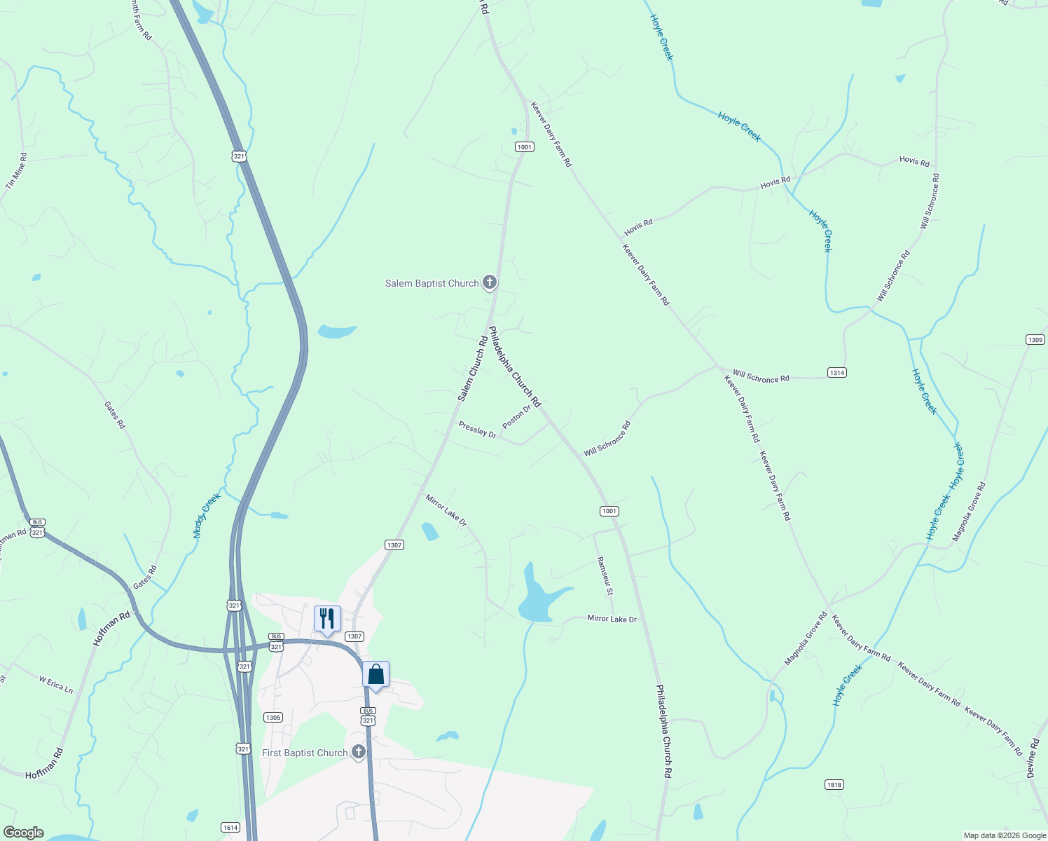 map of restaurants, bars, coffee shops, grocery stores, and more near 1462 Poston Drive in Lincolnton